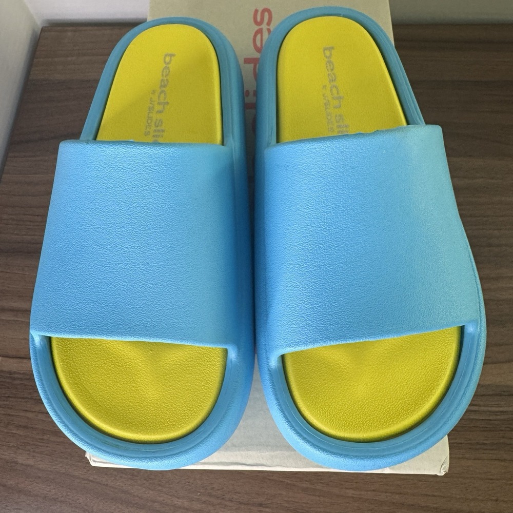 BEACH SLIDES BY J SLIDES Sandals Turquoise/Yellow Eva Squish Womens Sz 6M NIB - Picture 2 of 8